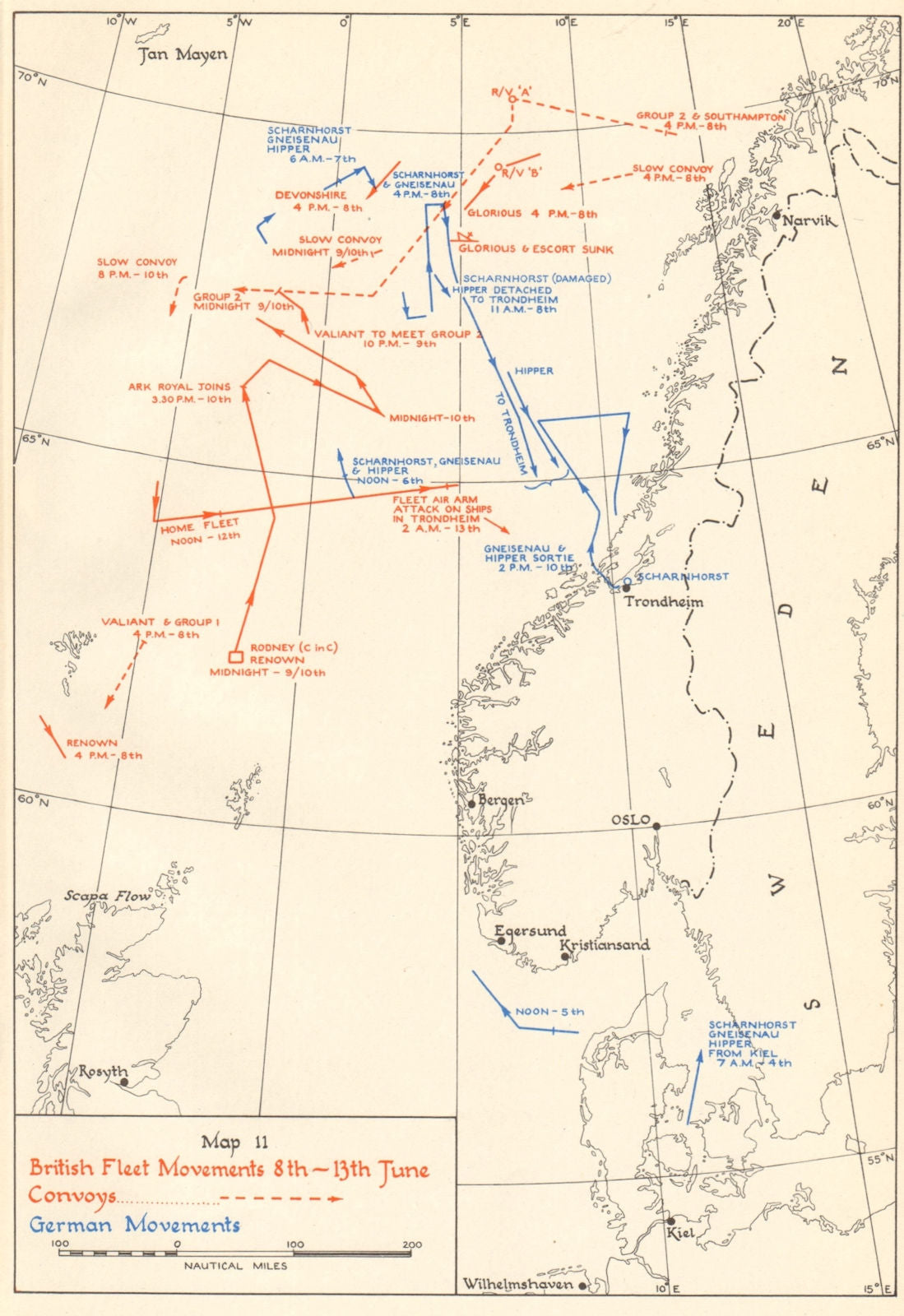 World War 2 Invasion of Norway. Naval Movements 8-13 June 1940 1952 old map